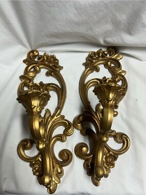Vintage Pair Homco Gold Ornate Wall Sconce Candle Holder Hollywood Regency #4118